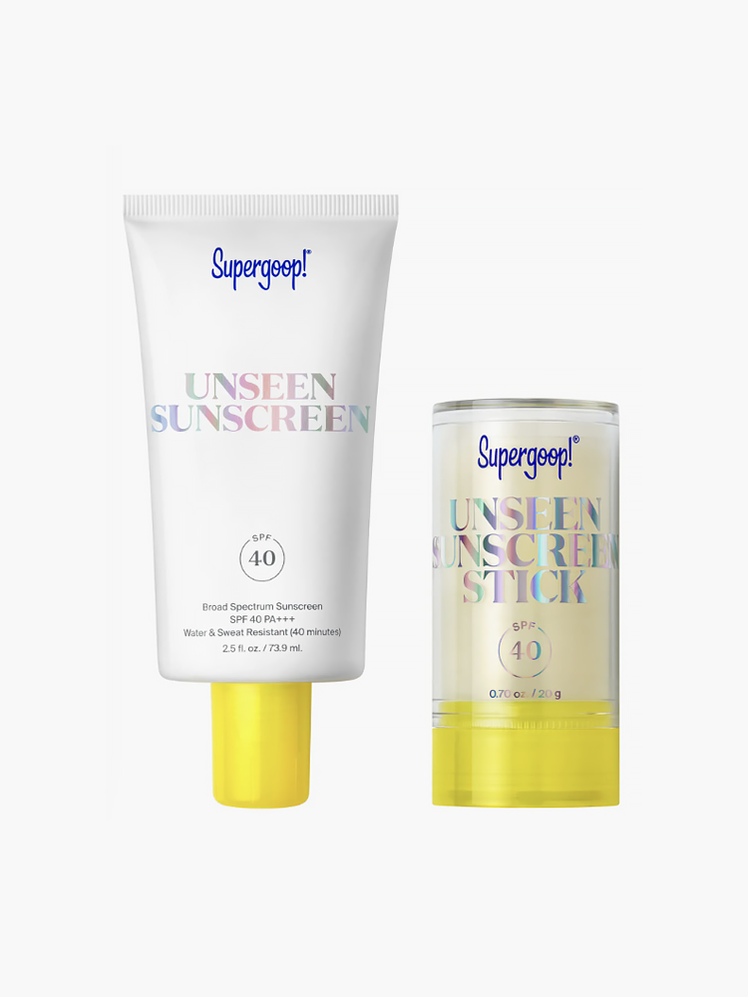 Unseen Sunscreen Jumbo  Go Set with two products with yellow caps on light gray background